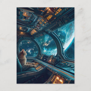 Grey cat in cockpit with Earth outside Holiday Postcard
