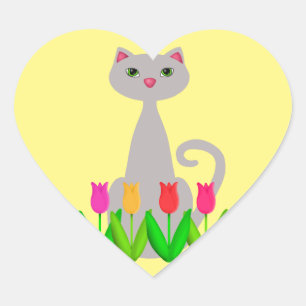 Grey Cat in Spring Flowers Heart Sticker