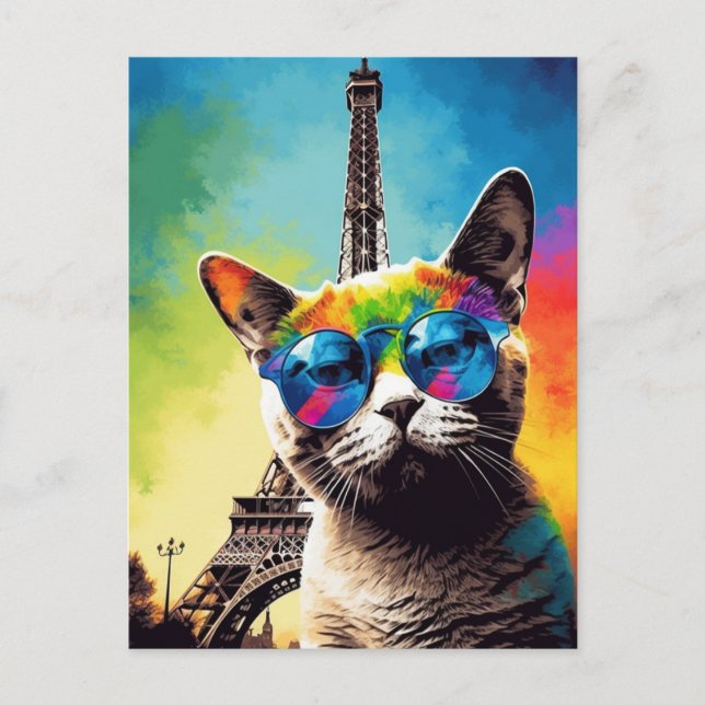 Grey Cat in Sunglasses in Paris Postcard (Front)