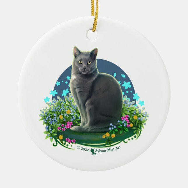 Grey Cat in the Flower Garden Ceramic Tree Decoration (Front)
