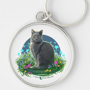 Grey Cat in the Flower Garden Key Ring