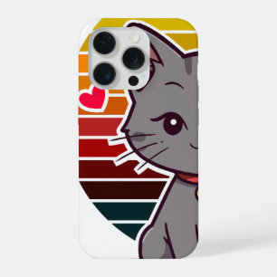 Grey Cat Kawaii Retro Sunset Anime Art iPhone 15 Pro Case