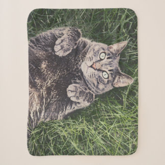 grey cat lying in the grass digital Sherpa Blanket