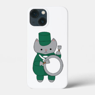 Grey Cat Marching Band Green White Bass Drummer iPhone 13 Mini Case