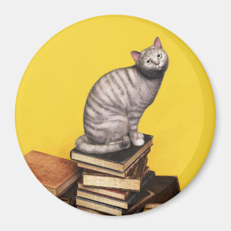 Grey Cat on a stack of books Magnet
