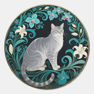 Grey Cat Ornate Floral Frame Classic Round Sticker