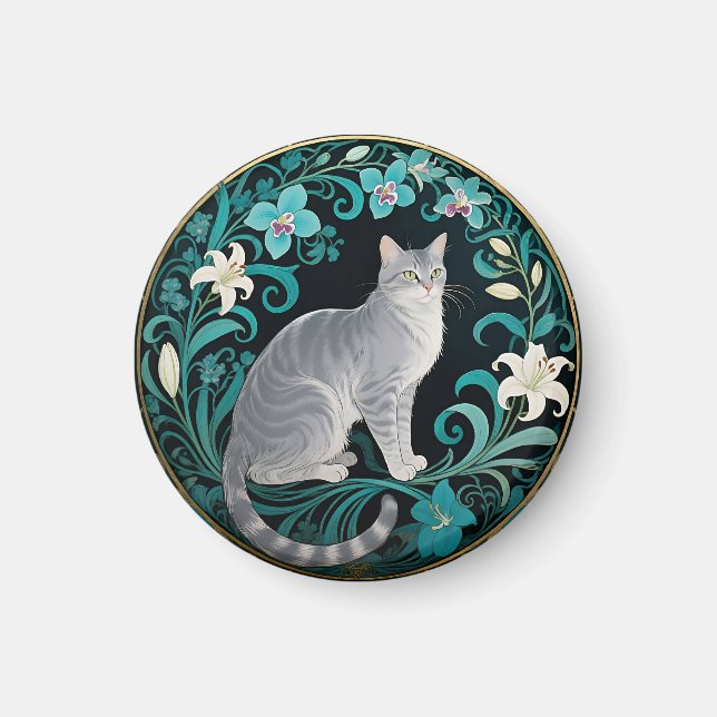 Grey Cat Ornate Floral Frame Magnet (Front)