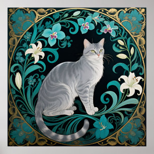 Grey Cat Ornate Floral Frame Poster
