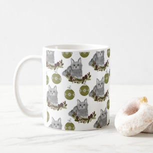 Grey Cat Pattern with Green Ornaments Coffee Mug