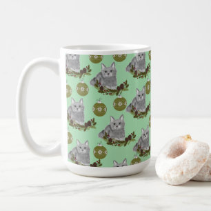 Grey Cat Pattern with Green Ornaments Coffee Mug