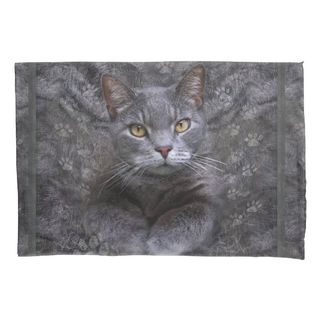 Grey Cat Portrait Pillowcase (Front)