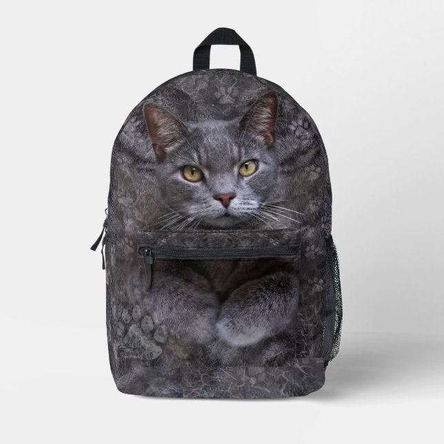 Grey Cat  Printed Backpack (Front)