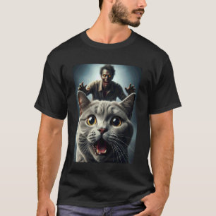 Grey Cat Selfie with Zombie Funny Pet Owner Graphi T-Shirt