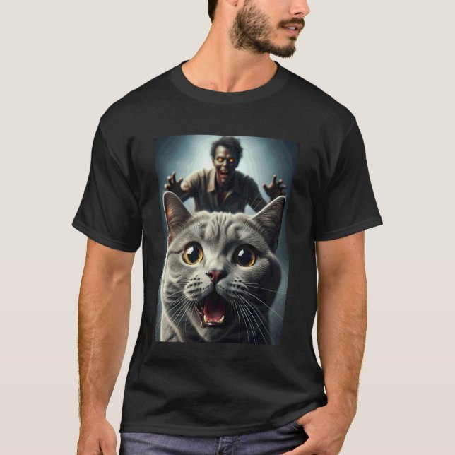 Grey Cat Selfie with Zombie Funny Pet Owner Graphi T-Shirt (Front)