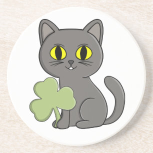 Grey Cat Shamrock Clover Charm Coaster