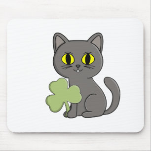 Grey Cat Shamrock Clover Charm Mouse Pad