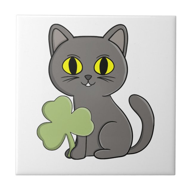 Grey Cat Shamrock Clover Charm Tile (Front)