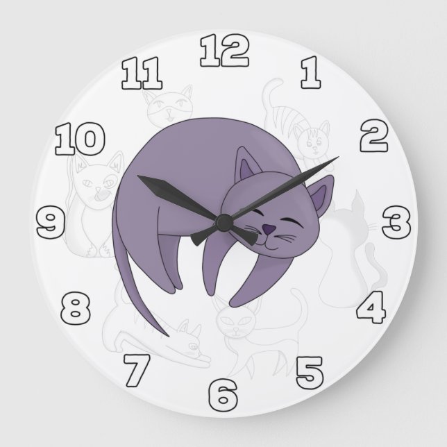 Grey Cat Sleeping and Kitten Doodles Large Clock (Front)