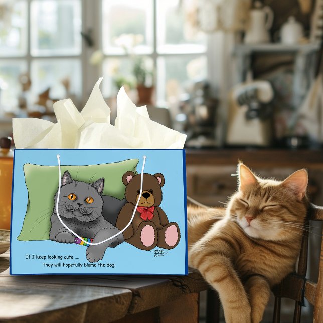 Grey Cat Teddy Bear Large Gift Bag (Creator Uploaded)