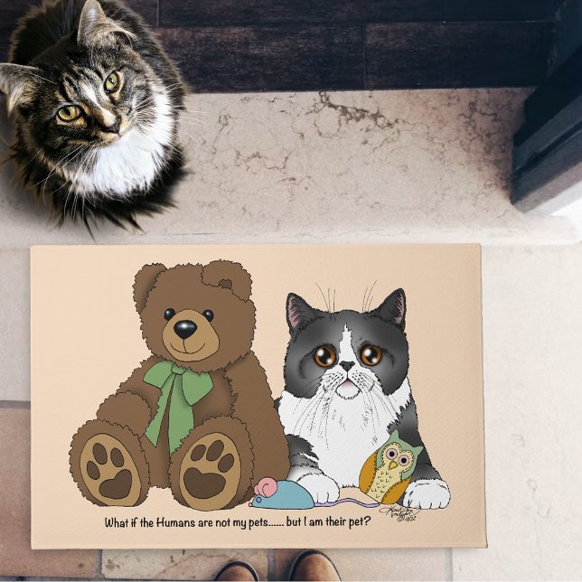 Grey Cat Teddy Bear Peach Funny Doormat (Creator Uploaded)