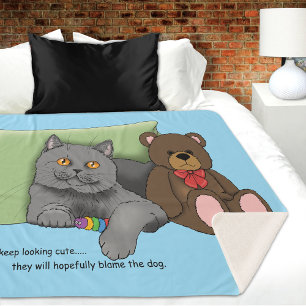 Grey Cat Teddy Bear Sherpa Blanket