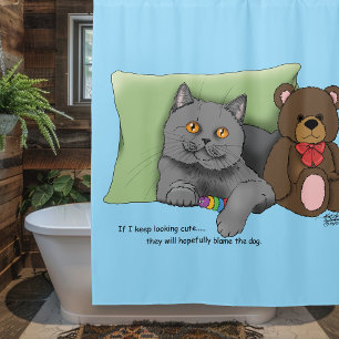 Grey Cat Teddy Bear Shower Curtain