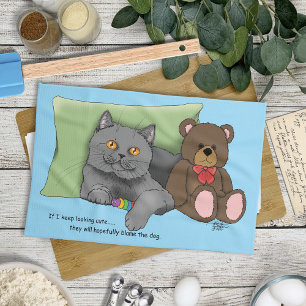 Grey Cat Teddy Bear Tea Towel