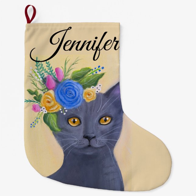 Grey Cat Whimsical Art  Large Christmas Stocking (Front)