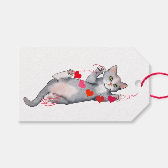 Grey Cat with a Valentine Garland Gift Tag (Front (Horizontal))