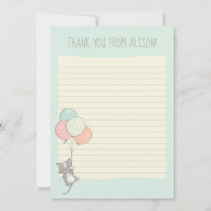 Grey Cat with Balloons Small Lined Flat Panel Thank You Card