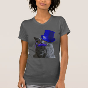 Grey Cat With Blue Top Hat and Blue Moustache