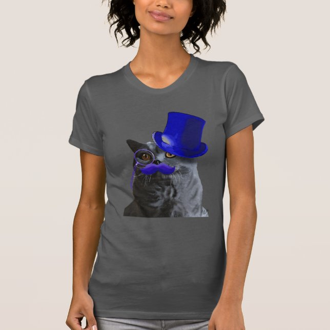 Grey Cat With Blue Top Hat and Blue Moustache (Front)