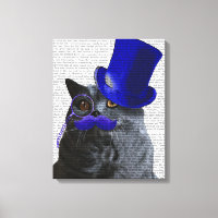 Grey Cat With Blue Top Hat and Blue Moustache