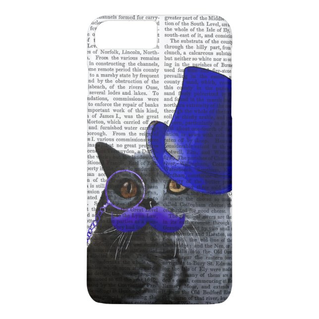Grey Cat With Blue Top Hat and Blue Moustache Case-Mate iPhone Case (Back)