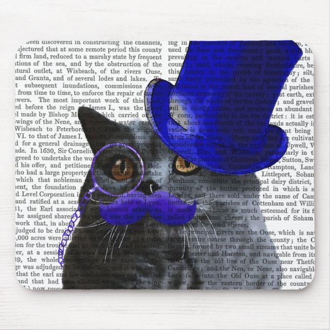 Grey Cat With Blue Top Hat and Blue Moustache Mouse Pad (Front)