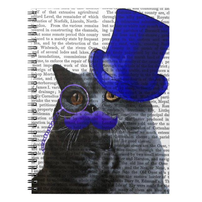 Grey Cat With Blue Top Hat and Blue Moustache Notebook (Front)