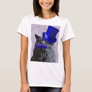 Grey Cat With Blue Top Hat and Moustache