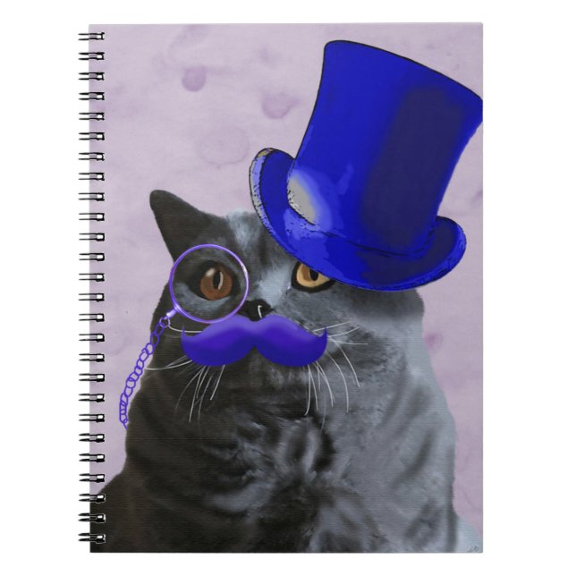 Grey Cat With Blue Top Hat and Moustache Spiral Notebook (Front)