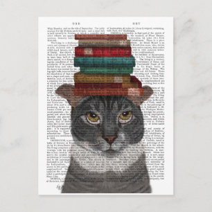 Grey Cat with Books on Head Postcard