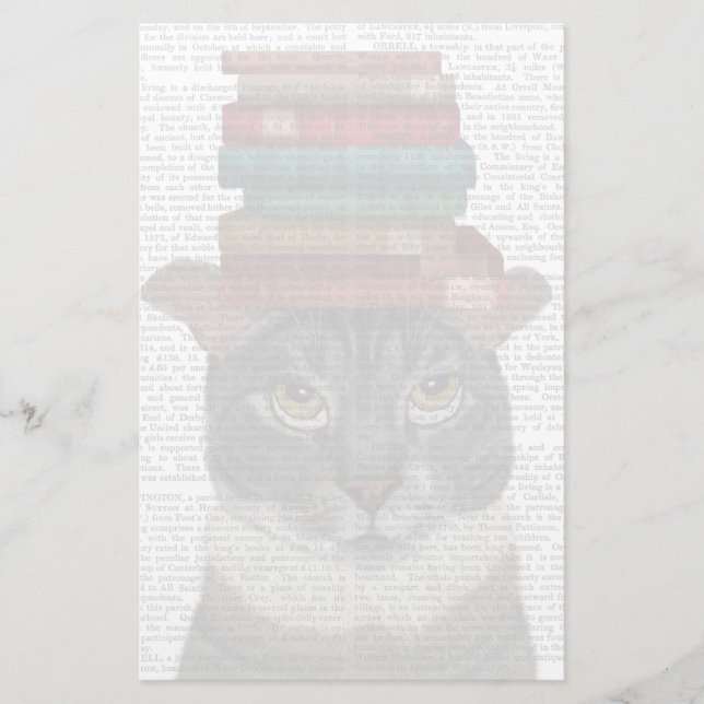 Grey Cat with Books on Head Stationery (Front)