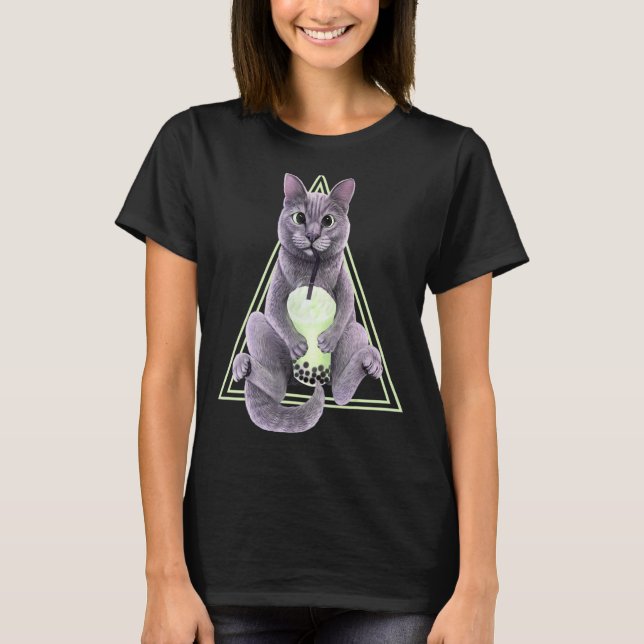 Grey cat with bubble tea T-Shirt (Front)