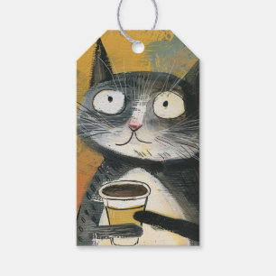 Grey Cat with Coffee on Ochre Gift Tags