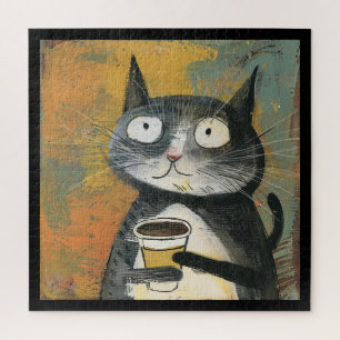 Grey Cat with Coffee on Ochre Jigsaw Puzzle