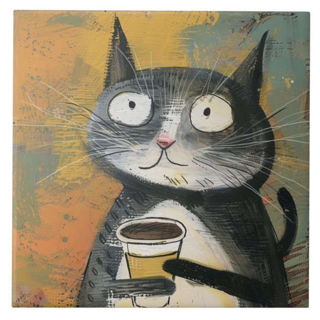 Grey Cat with Coffee on Ochre Tile (Front)
