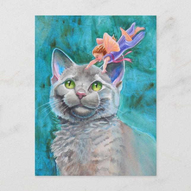Grey Cat with Fairy Postcard (Front)