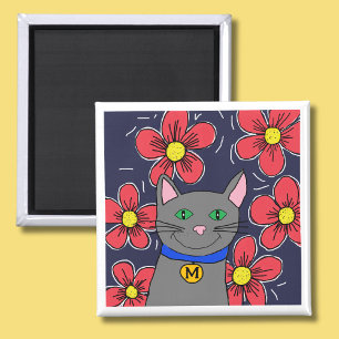 Grey cat with flowers personalise initial magnet