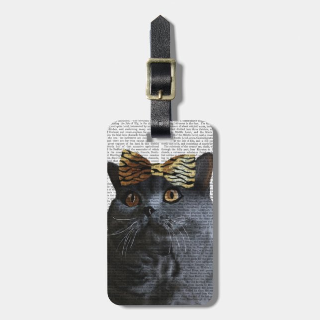 Grey Cat with Leopard Bow Luggage Tag (Front Vertical)