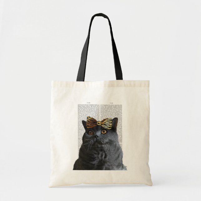 Grey Cat with Leopard Bow Tote Bag (Front)
