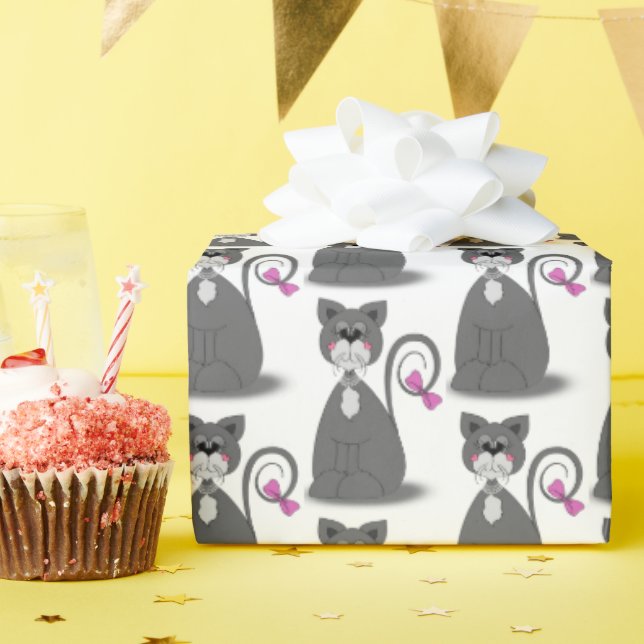 grey cat with pink bow wrapping paper (Birthday Party)