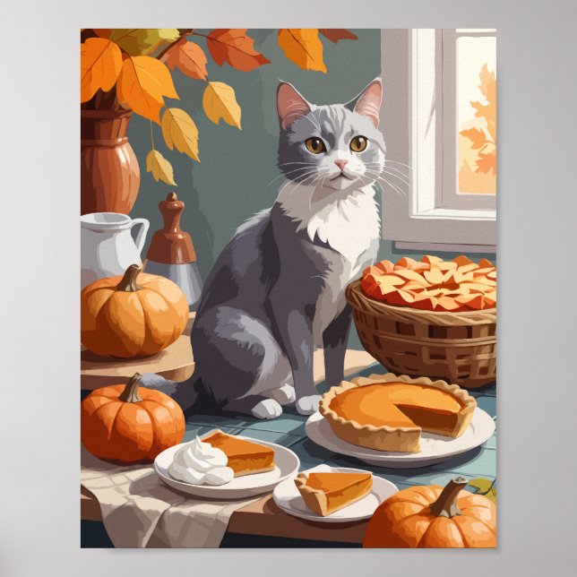 Grey cat with pumpkin pie poster (Front)